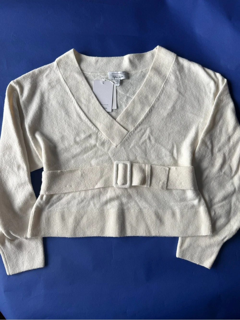 & Other Stories Belted balloon sleeve sweat in off white Size M